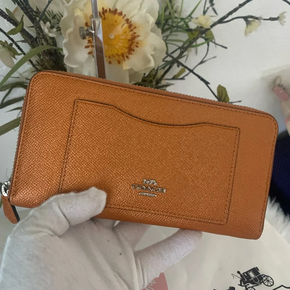 Coach Metallic Tangerine Accordion Zip Around Wallet